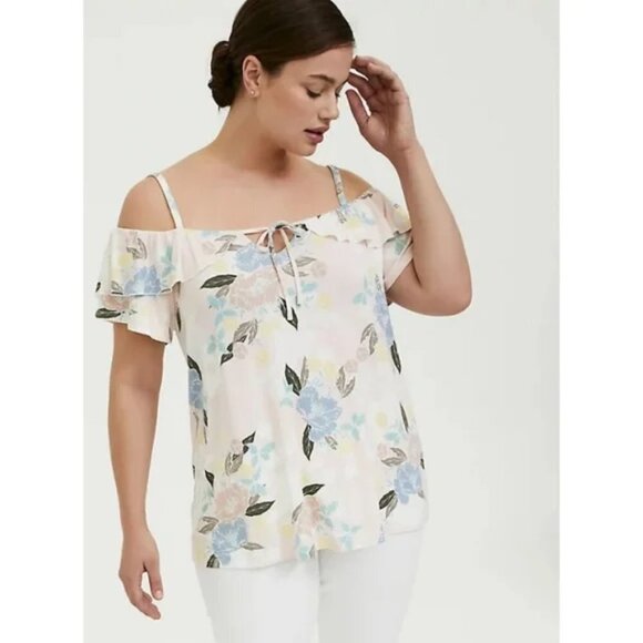 Torrid Super Soft Pink Floral Cold Shoulder Top - Picture 1 of 7